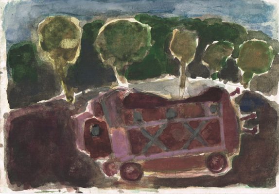 Alte Maschine vor Hecke 1983 Aquarell 15x21 cm