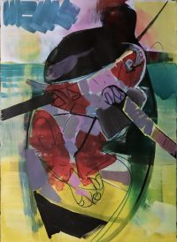 Angler mit Fisch, Acryl-Papier, 76x56 cm, 2019