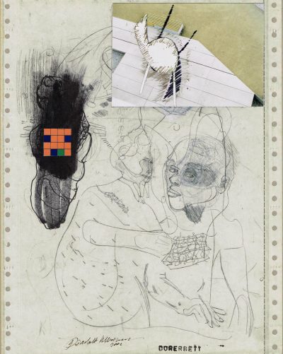 Anika mit Gegenständen und Polyomino, Faser, Tusche, Collage-Papier, 30,5x21,5 cm, 2002