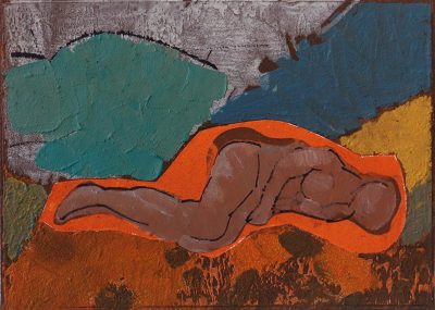 Auf orangenem Grund, Emulsionsfarbe auf Hartpappe, 21x30 cm, 2023