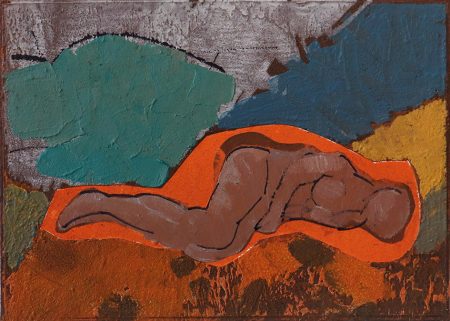 Auf orangenem Grund, Emulsionsfarbe auf Hartpappe, 21x30 cm, 2023