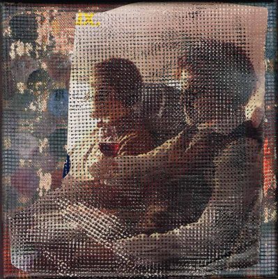 Blick aus dem Flugzeugfenster, Emulsionsfarbe -Collage auf Leinwand, 20x20 cm, 2011