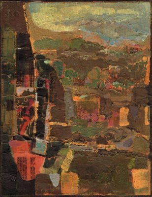 Blick aus einem Hotel auf die italienischen Alpen, Emulsionsfarbe auf Pappe, 19,3x14,3 cm, 2009
