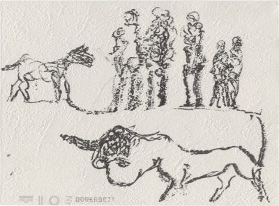 Einhorn und Riesen, Faser, Tusche-Papier, 19x26 cm, 2003