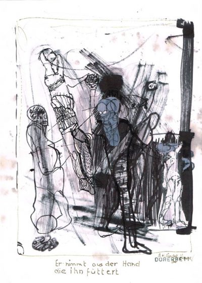 Er nimmt aus der Hand, Faser, Tusche-Papier, 29,5x21 cm, 2000