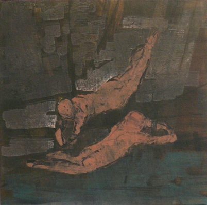 Fallende, Emulsionsfarbe auf Leinwand,   Farbe auf Holz, 40x40 cm 2015