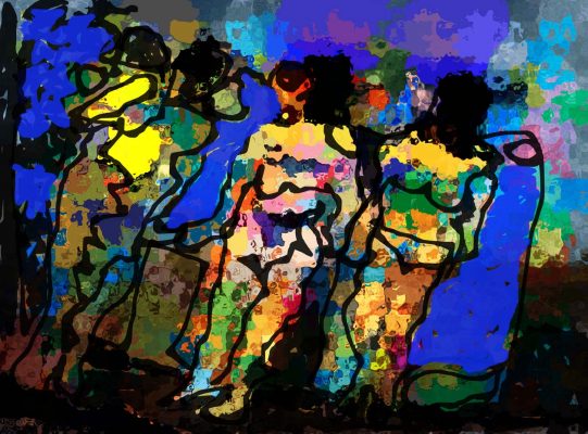 Frauen auf Luftmatratzen, Acryl über PC-Druck, 20x29 cm, 2010