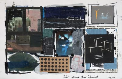 Hier wohnte Herr Schmidt, Acryl-Collage auf Papier, 55x75 cm, 2020