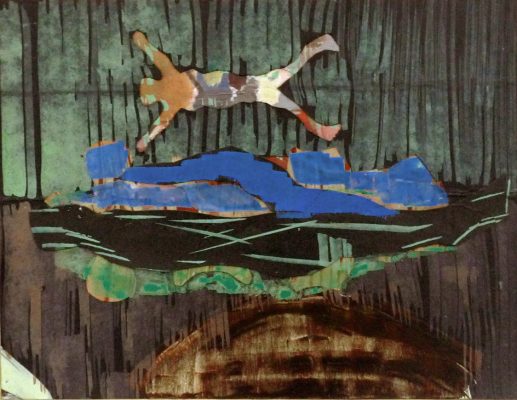 Im Flug, Emulsionsfarbe-Collage auf Leinwand, 21x28 cm, 2014