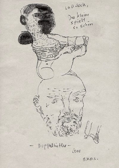 Der Kleine spielt so schön, Faser, Tusche-Papier, 18,5x13,6 cm, 2000