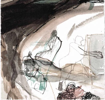 Maler-vor-Leinwand-1984-20x20-cm Aquarell
