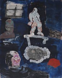 Mann auf dem Steg, Emulsionsfarbe, Collage-Papier, 65x50 cm, 2020