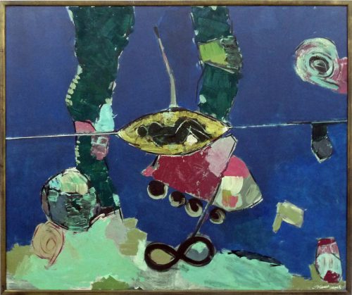 Mann in der Halbschale, Emulsionsfarnbe auf Leinwand, 130x140 cm 2019