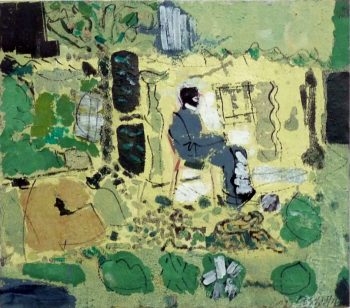 Mann in der Oase, Malerei auf Hartfaser, 2019, 60x70 cm