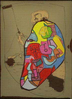 Mann mit Schutzschild,Acryl-Collage auf Papier, 30x20 cm 2005