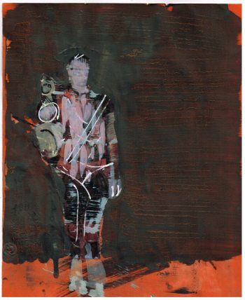 Mann mit Rückgabe, Zeichnung-farbig auf Sandpapier, 27,5x22,5, 2019