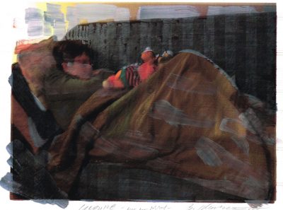 Ulrike auf Sofa-Bad Laer, Digitaldruck überzeichnet, Tusche, Faser-Papier, 18x23,5 cm, 2017