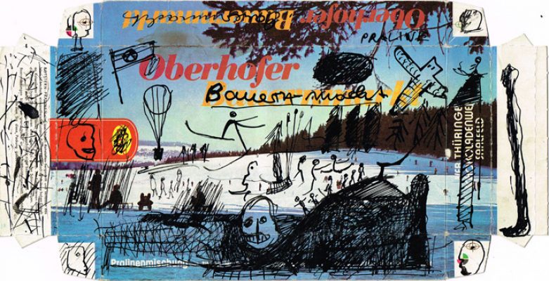 Oberhofer Bauernmacht,1983 Zeichnung auf Pralinenschachtel, 14x26 cm