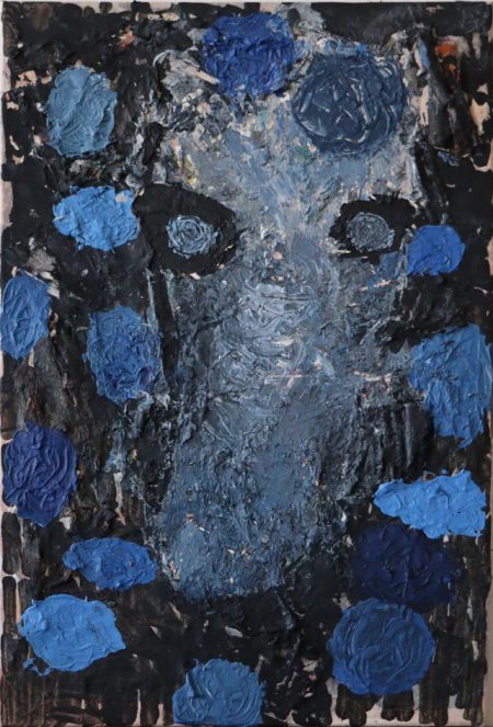 Pferdekopf und blaue Punkte, Emulsionsfarbe auf Leinwand, 70x50 cm, 2020