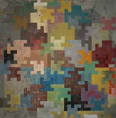Polyominobild, Emulsionsfarbe auf Hartfaser, 120x120 cm, 2003