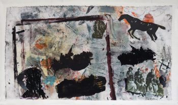 Washington crossing of....(die frühen Siedler), 2021, 50x85 cm, Acryl-Collage auf Leinen