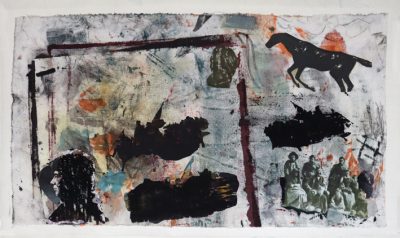 Washington crossing of....(die frühen Siedler), 2021, 50x85 cm, Acryl-Collage auf Leinen
