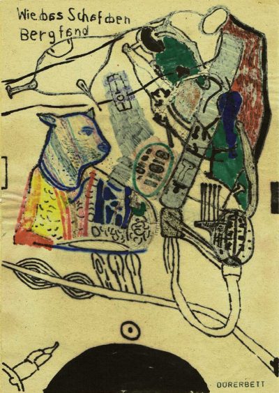Wie das Schaf den Berg fand, Tusche, Kreide, Faser-Papier, 21x29,5-cm, 2000